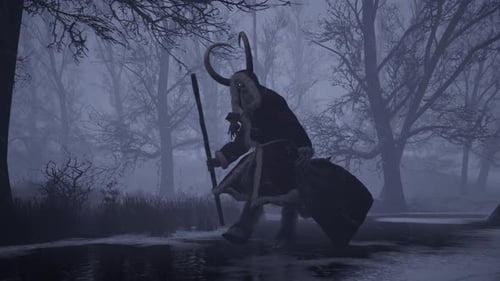 Krampus Walks Through Haunted Forest Carrying Bag of Naughty Children