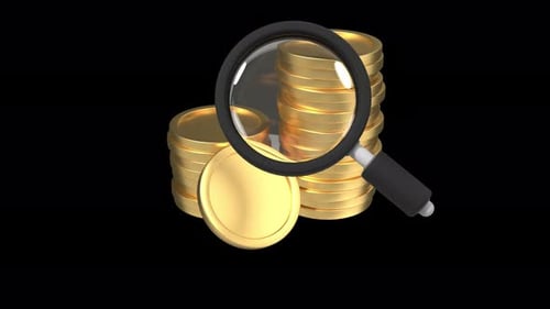Magnifying glass with stack of golden coins animation. Dollar and magnifying glass
