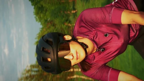 Woman Cyclist Cycling Through Green Field