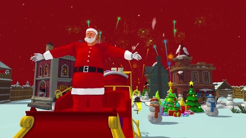 Animated Santa Claus in Sleigh with Snowy Christmas Village and Fireworks