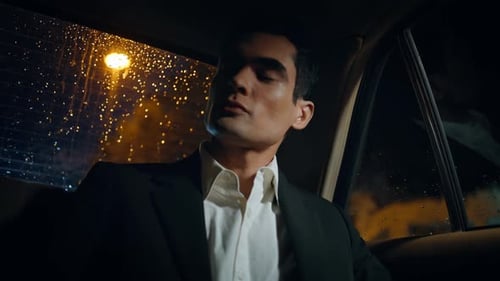 Rich Businessman Riding Car at Night Time Closeup Director Sitting Automobile