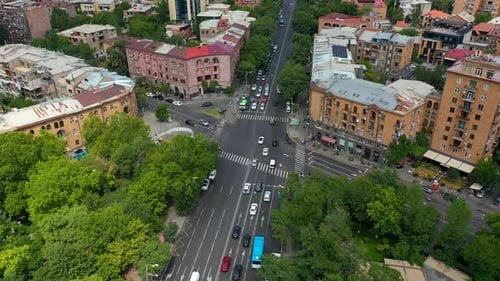 Aerial view highway junction. Drone shot intersection with various vehicles.