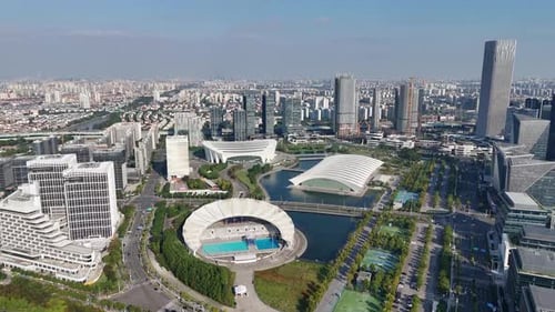 Cityscape of Shanghai China, Oriental Sports Center Aerial view with City Background