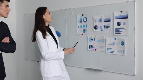 Woman Office Employee at a Presentation While Discussing Business Issues with Colleagues at a
