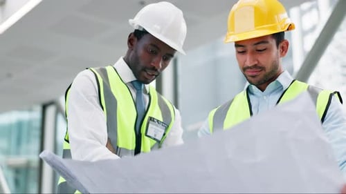 Architecture, people and blueprint planning, teamwork or thinking of building solution