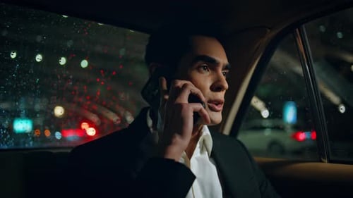 Serious Director Picking Phone Car Closeup Formal Employee Answering Cellphone