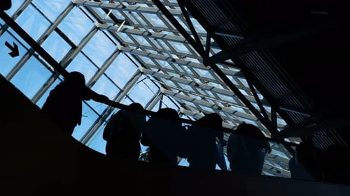 Silhouettes of unrecognizable people walking in slow motion at a busy urban terminal