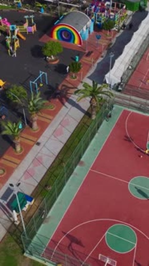 Vertical Video of a Basketball Court in a Park Captured From Above Surrounded By Green Trees and
