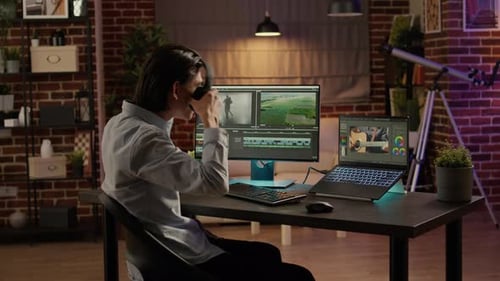 Movie and Sound Engineer Using Editing Software to Create Visual Effects