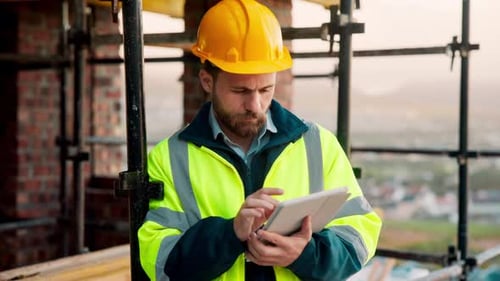 Architect, outdoor and man with tablet at building site, search and safety inspection update on web