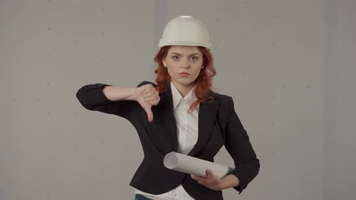 Disappointed Skeptical Woman Architect Dissatisfied with the Work Done Showing Dislike Sign Thumb