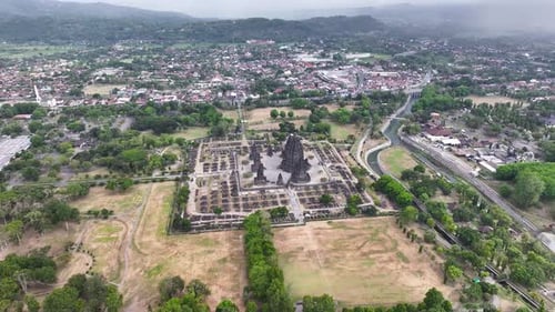 Drone view of Prambanan Temple and surroundings of Yogyakarta, Central Java, Indonesia.