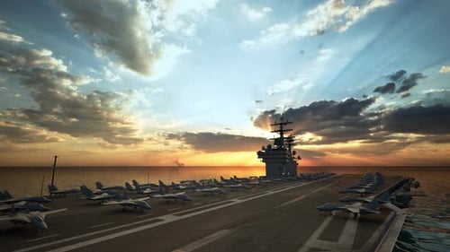 Aircraft Carrier Warship Battleship In The Ocean Navy, Sunset Time