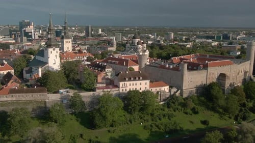 Aerial footage of fortress in old town Tallinn in Estonia