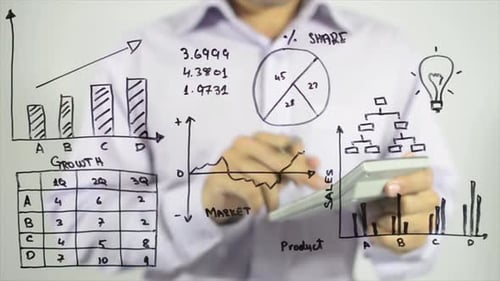 Man Writes Financial Data on Clear Board