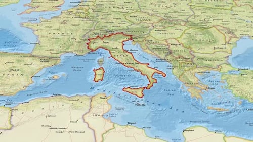 Zoom Out Animation of Italy Country Borders on Europe Map