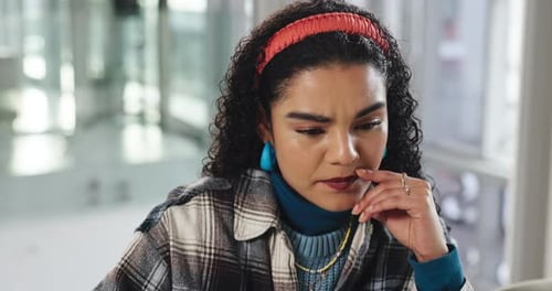 Problem solving, reading and thinking with business woman at desk in office for creative planning