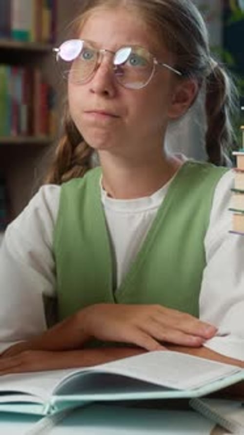Creative Caucasian Little Girl in Glasses Child Thinking Coming Up with Idea Reading Book in School