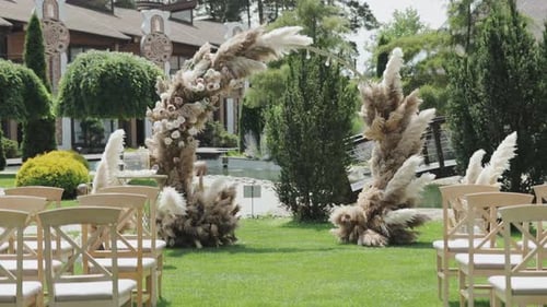 Wedding ceremony location set in garden landscape