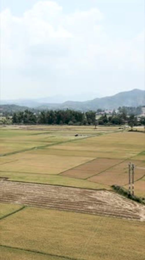 Drone Flying Slowly Over a Large Crop Area Between the Mountains of Vietnam on a Cloudy Day