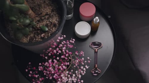 Self Care Items on Black Table Still Life