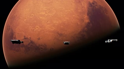 Flying Toward Mars As Futuristic Sci Fi Spaceships Approach The Red Planet