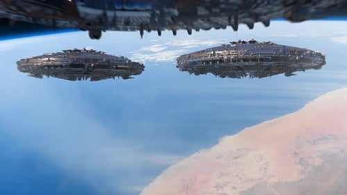 Sci-Fi Alien Spaceships Hovering Over Planet Earth