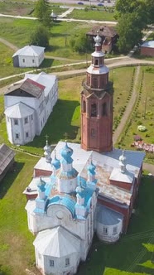 Top View of Church with Tower on Background of Landscape with River Clip Beautiful Russian Church in