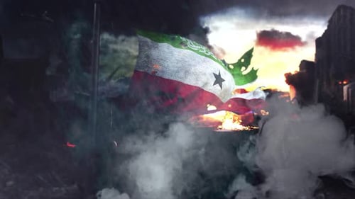 Distressed Flag Waving in Post-Apocalyptic Smoke and Fire