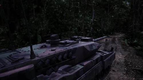 Tank Navigating Through Dense Jungle Terrain During Twilight Hours