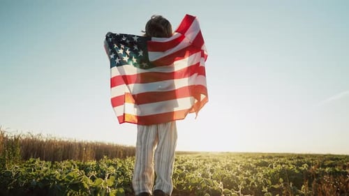 Child Holds American Flag in Sunny Rural Field