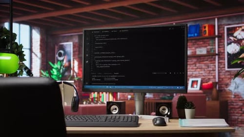 Empty Modern Apartment Room with Coding Application on PC Screen