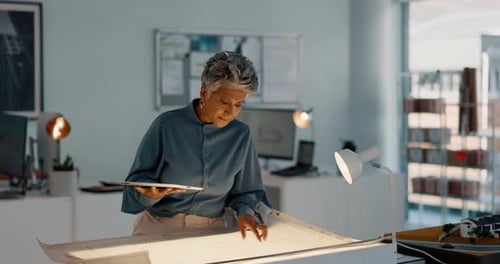 Architect blueprint, woman manager and tablet night office construction planning