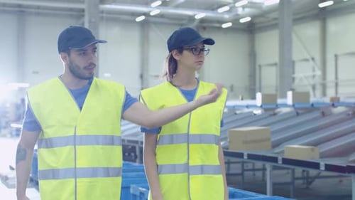 Two Post Sorting Center Workers Walking Along Belt Conveyor