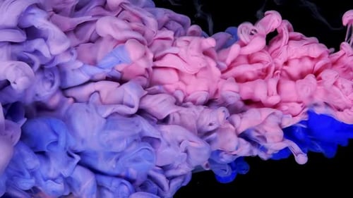 Rosa und blaue Tintenwolke, die sich im Wasser vermischen, Zeitlupe, schwarzer Hintergrund, abstrakte bewegte Hintergründe, Kunst