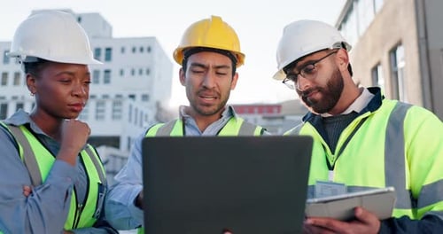 Business people, engineer and team with laptop for architecture, building