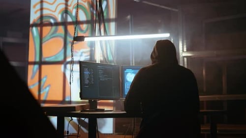 Hooded Figure Working at Computers in Dark Urban Room