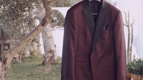 Elegant tuxedo jacket hanging on a tree