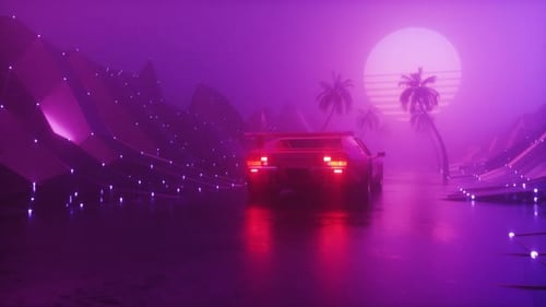 Synth Wave Style Futuristic Background Of Riding Sports Car At Foggy Landscape Loop