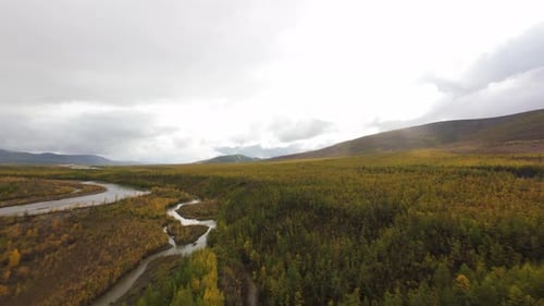 Aerial views reveal the beauty of a vibrant autumn landscape, showcasing a winding river surrounded