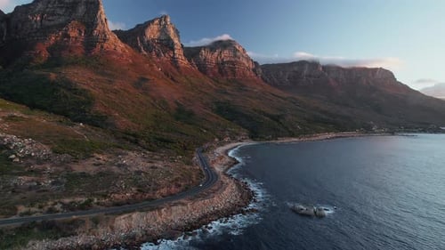 Aerial View Over Coastal Road With Twelve Apostles Mountain In Cape Town, South Africa - Drone Shot