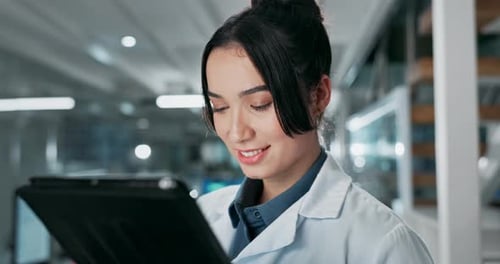 Science, laboratory and woman on tablet for research study, internet and medical website