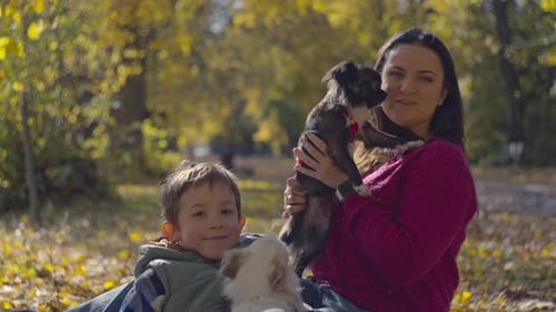 Mother and Child Relaxing With Dogs in Park
