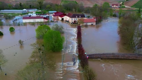 Aerial View the Flooded Houses and the City The Houses are Flooded with Dirty Water of the Flooded