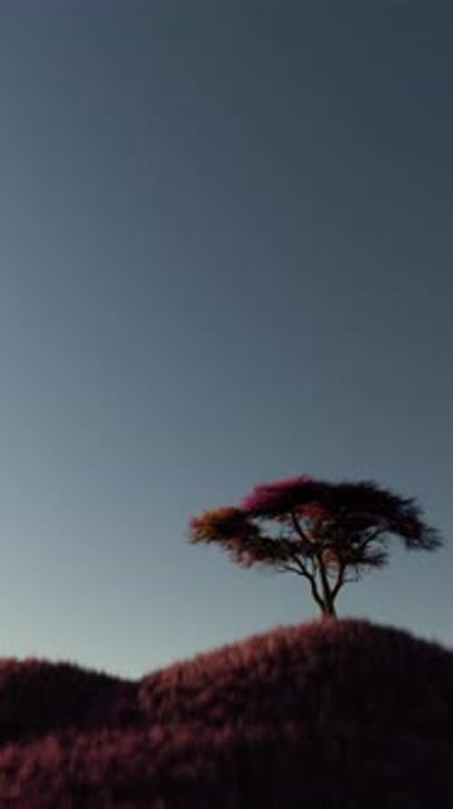 3D Animated Tree on Grassy Hill Zoom Out at Sunset
