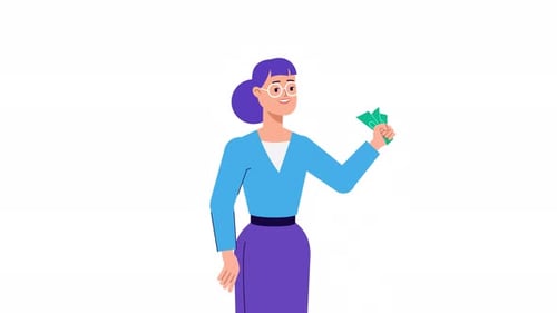 Happy woman with banknotes of money in her hand animation.