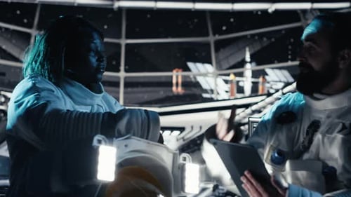 Astronauts Flying Together in Starship Exploring Mars Mapping Unknown Worlds