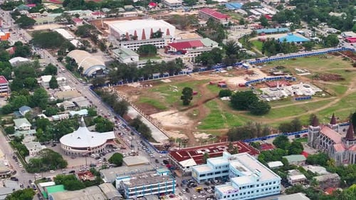 Royal Tombs and park under construction in Nuku'alofa, Tonga. Historic landmark. Aerial cityscape.