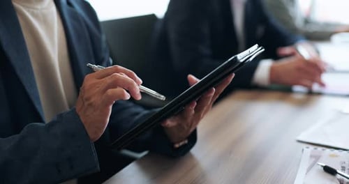 Stylus, hands and tablet for business, working and research for stock market