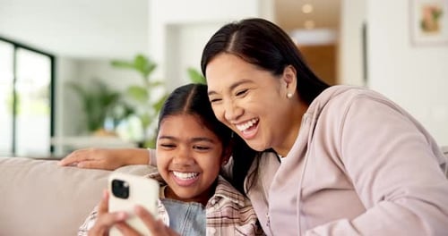 Video game, parent or child in house with phone, playing together or good time in digital contest